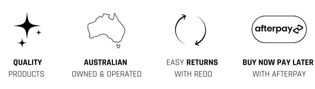 Set of icons and text representing quality, Australian ownership, easy returns, and payment options with Afterpay.