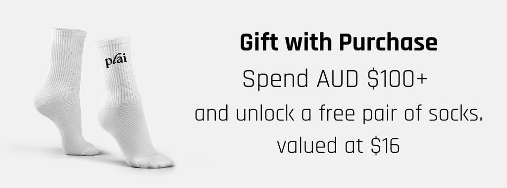 Promotional graphic for a free pair of socks with a minimum purchase of AUD 100, featuring a single white sock on a white background.